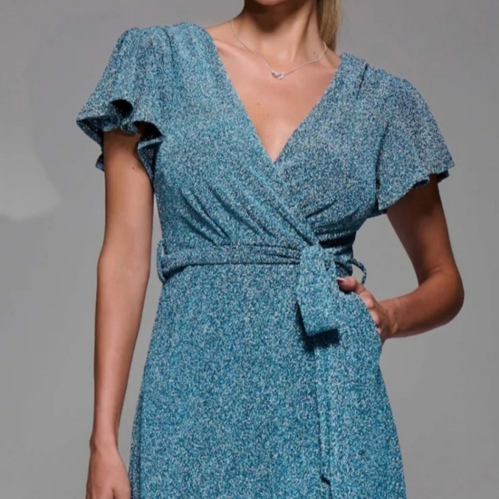 Olivia + James Green Short Sleeves Satin V-neck Wrap Mini Dress Belted